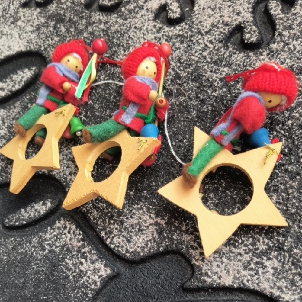 Vintage Christmas Wood Elf on Wooden Star Elf Boy Bells Stars German Erzgebirge 